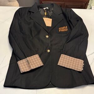 Miu Miu Black Blazer with Tan Plaid Cuffs
